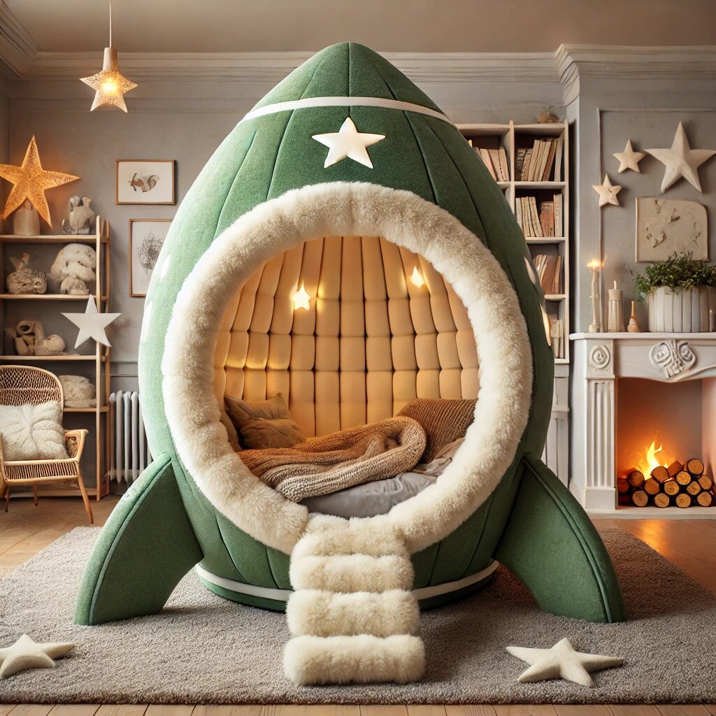 A green rocket-shaped bed with a plush fur-lined entrance and star-themed decorations in a cosy bedroom setting.