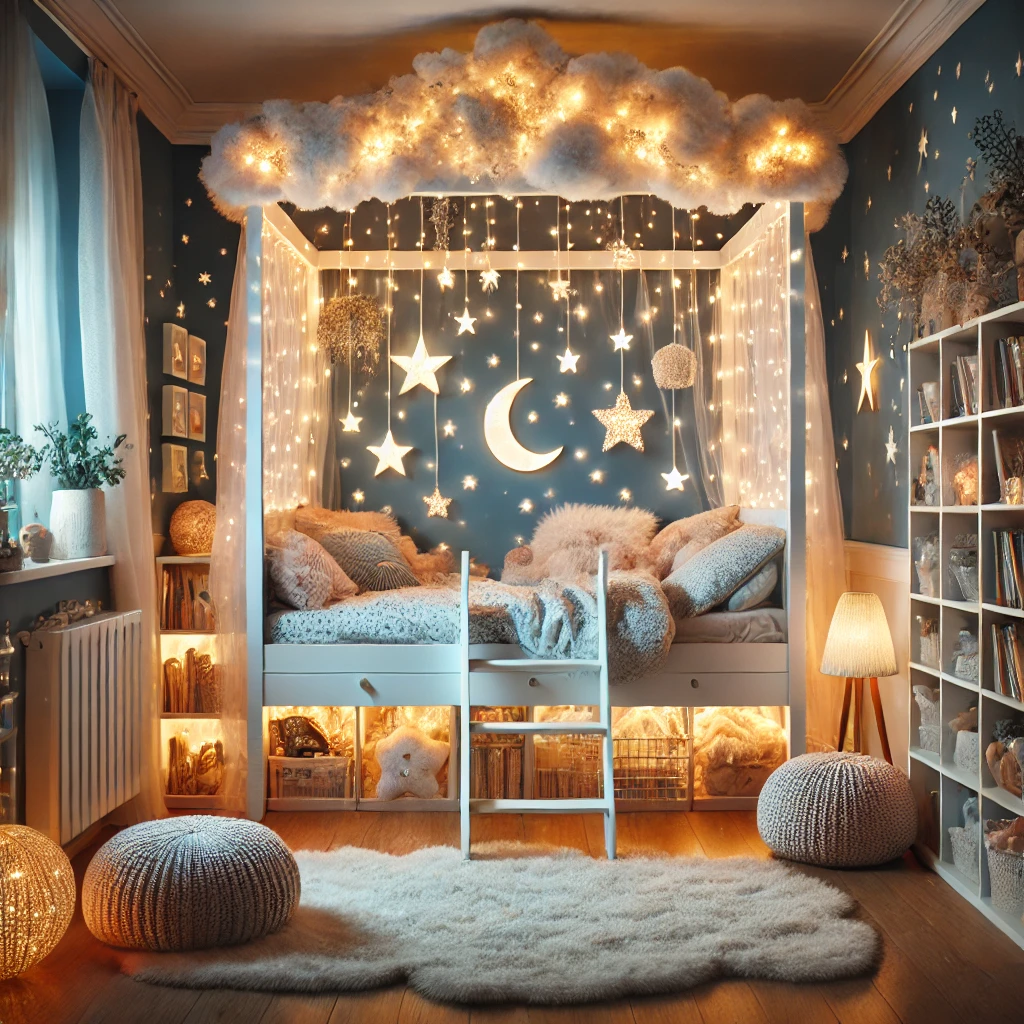 A deep blue bedroom with warm fairy lights, a moon and star-themed canopy bed, and soft textures.