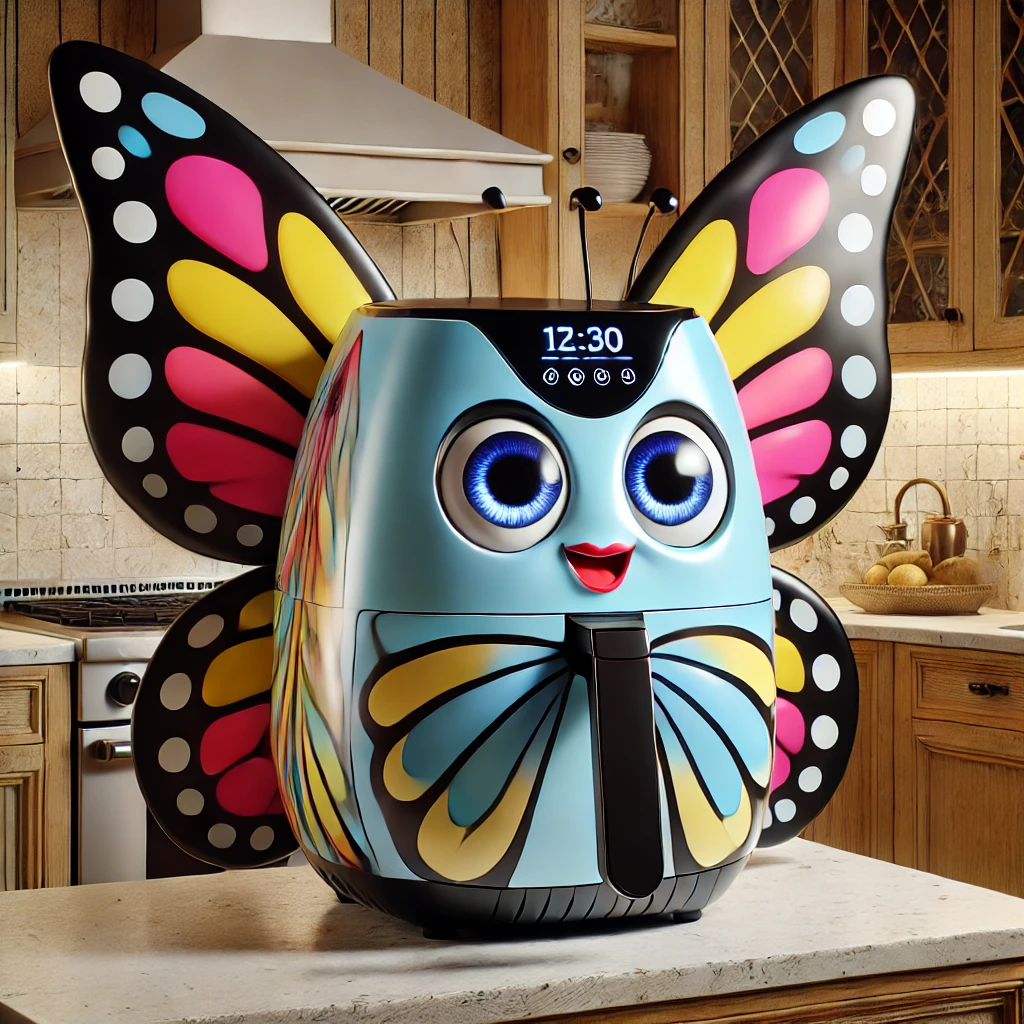 A stunning butterfly-themed air fryer with large vibrant wings and expressive eyes, placed in a rustic kitchen setting.