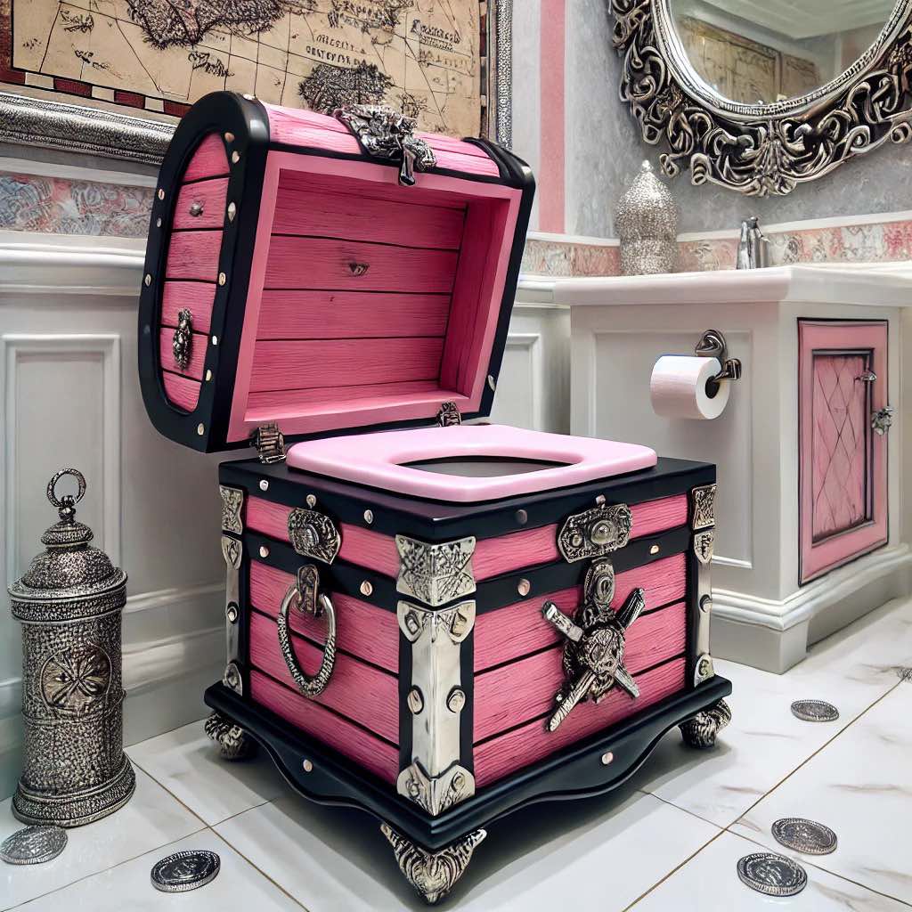 A glamorous pink and black pirate treasure chest toilet with intricate silver detailing and a clawfoot base.