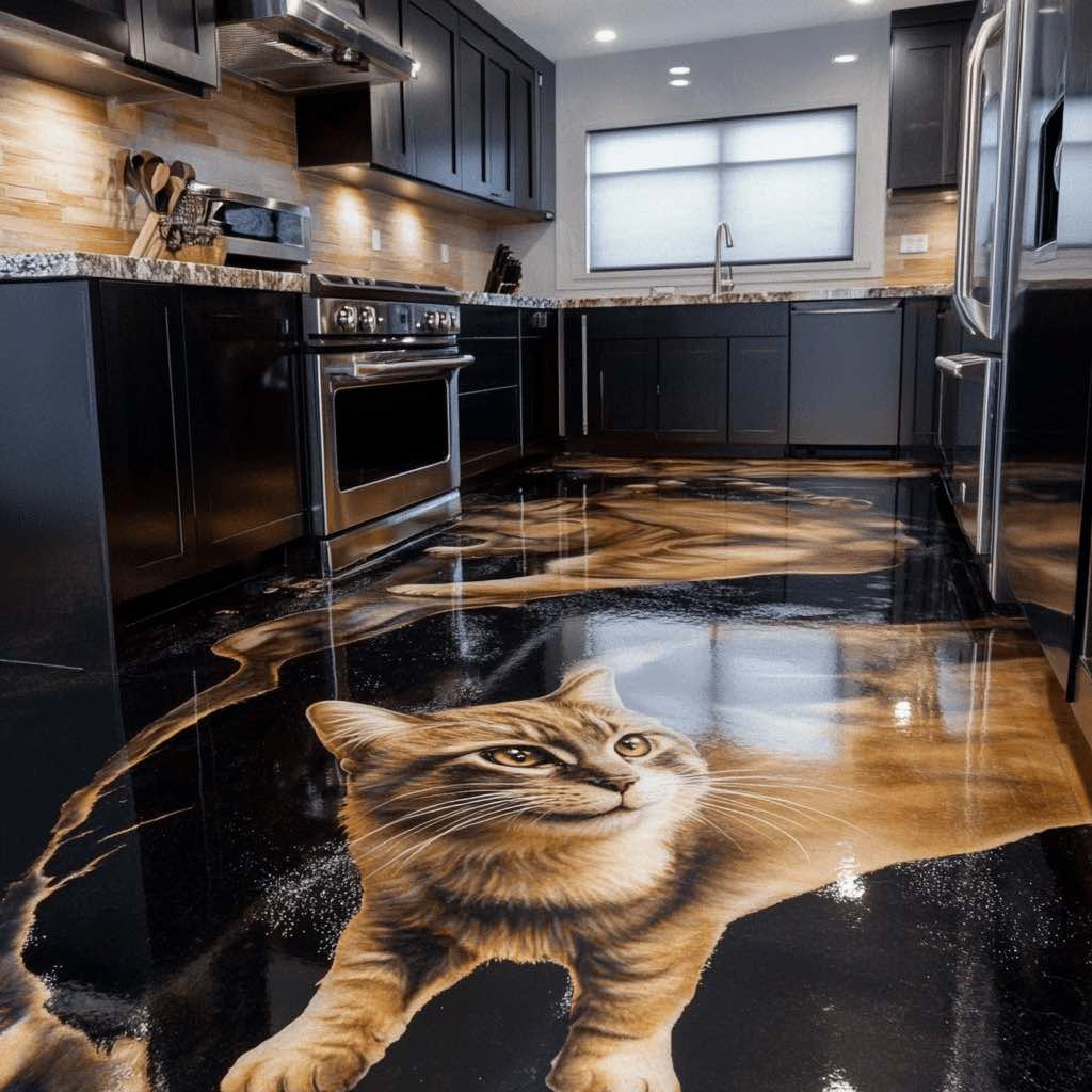 A mesmerising 3D kitchen floor featuring a realistic cat in an epoxy resin design