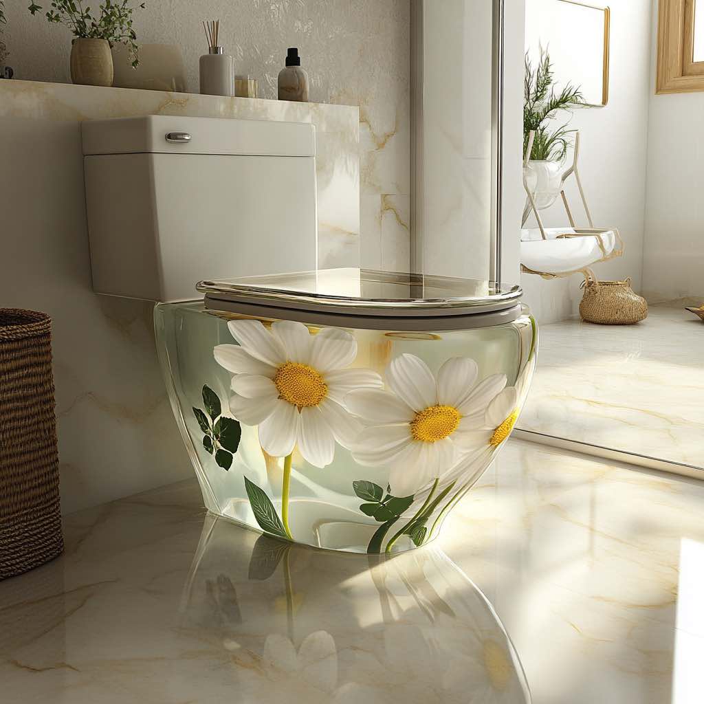 A beautifully designed floral toilet with white daisies, adding charm and elegance to a contemporary bathroom.