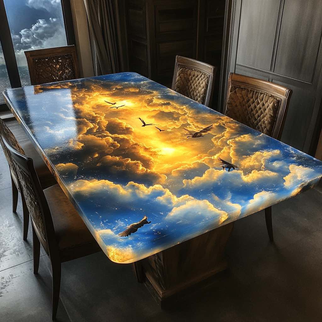 A stunning epoxy resin dining table with a realistic sky scene, golden clouds, and soaring birds