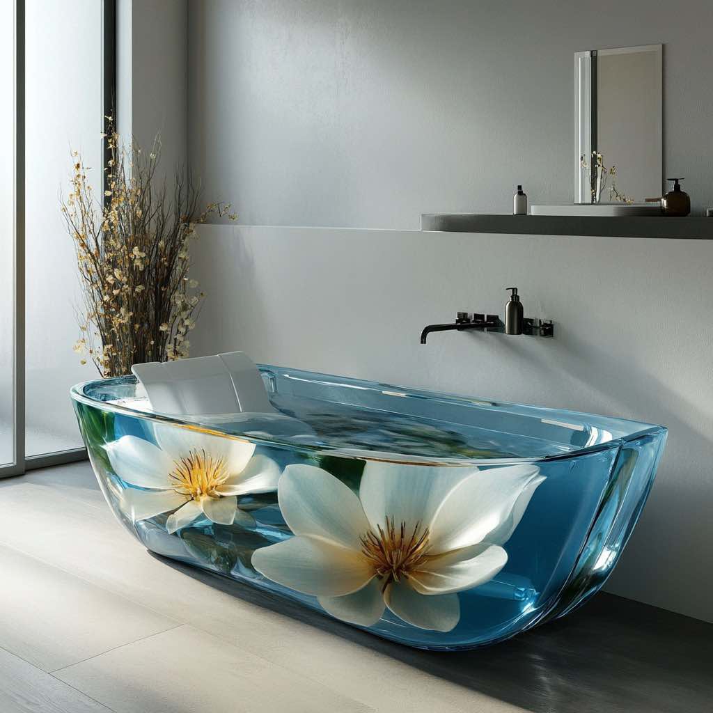 Stunning transparent bathtub with floating magnolia flowers, creating a serene and spa-like atmosphere.