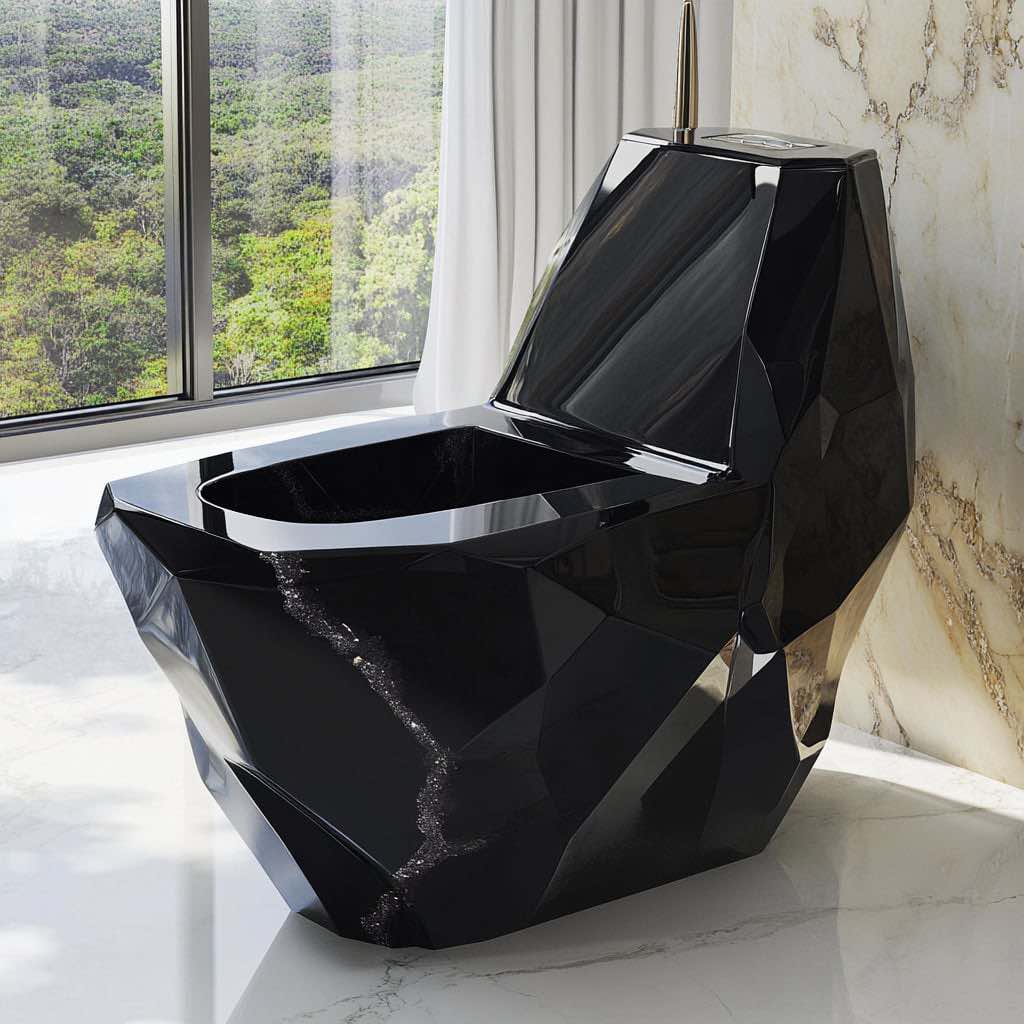A sleek, angular black obsidian toilet with a high-gloss finish, exuding elegance and mystery.