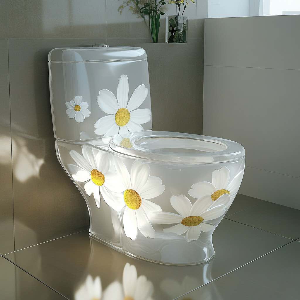 A modern bathroom featuring a glass toilet with a daisy floral design and a sleek, stylish interior