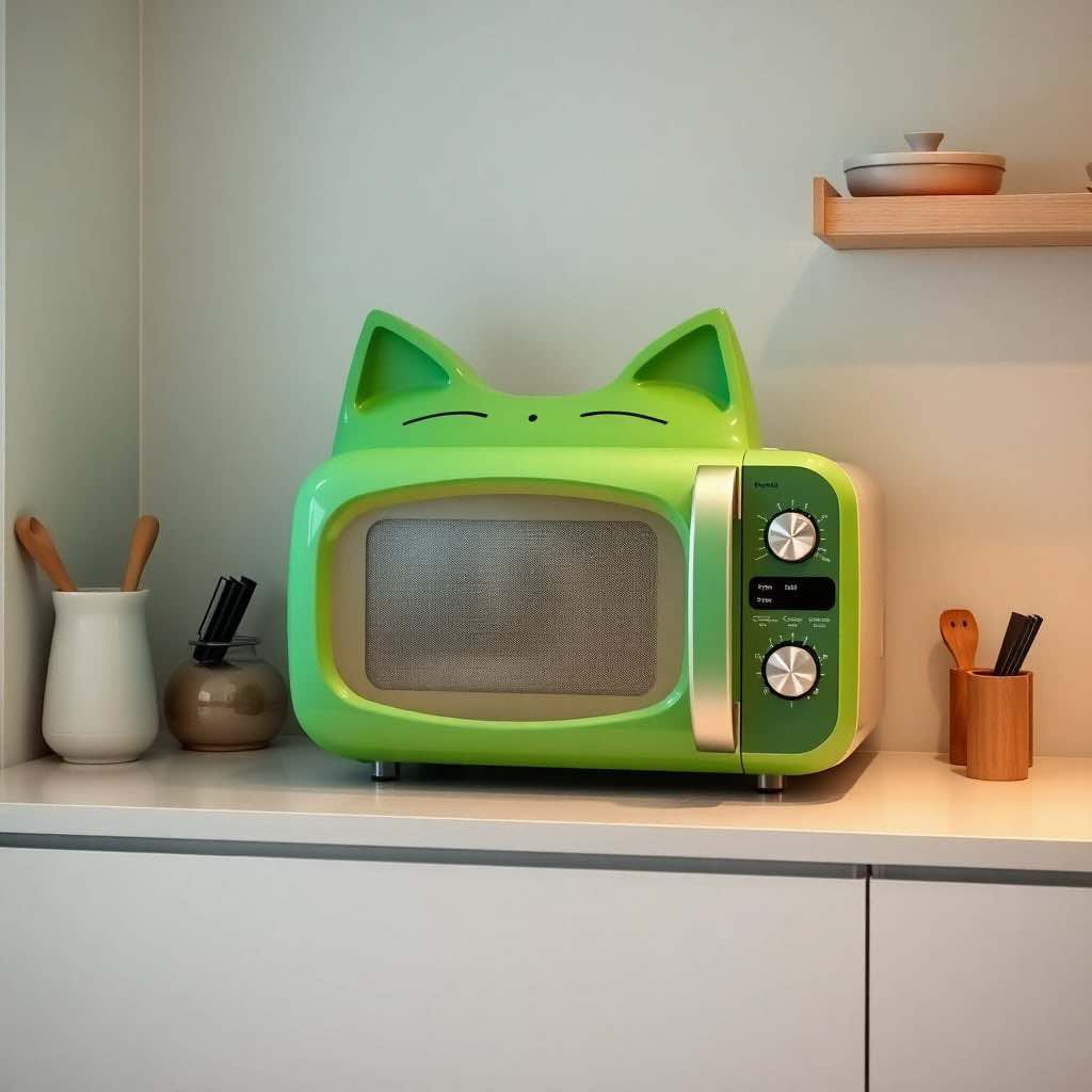 A soft green cat-themed microwave with retro dials and a charming design, perfect for vintage-style kitchens.