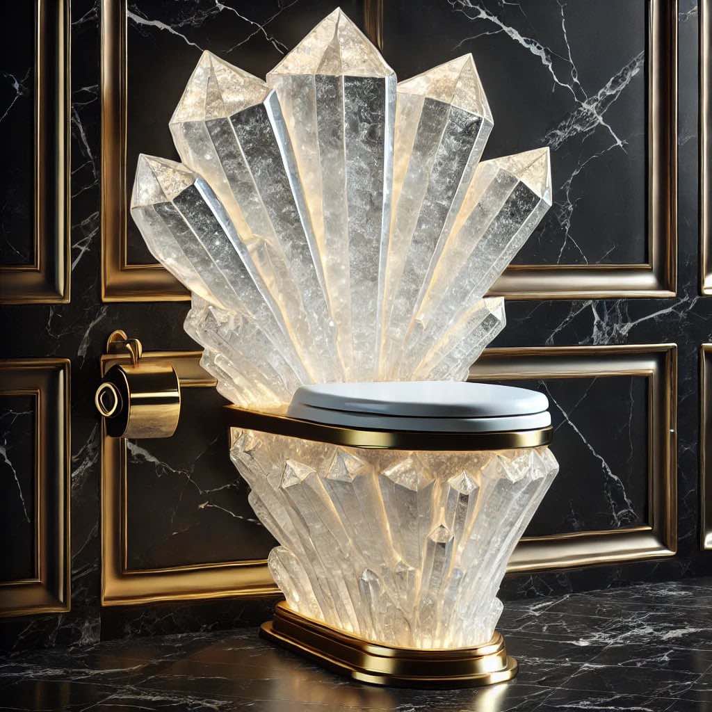 A luxurious crystal-encrusted toilet with a throne-like backrest, illuminated with LED lights.
