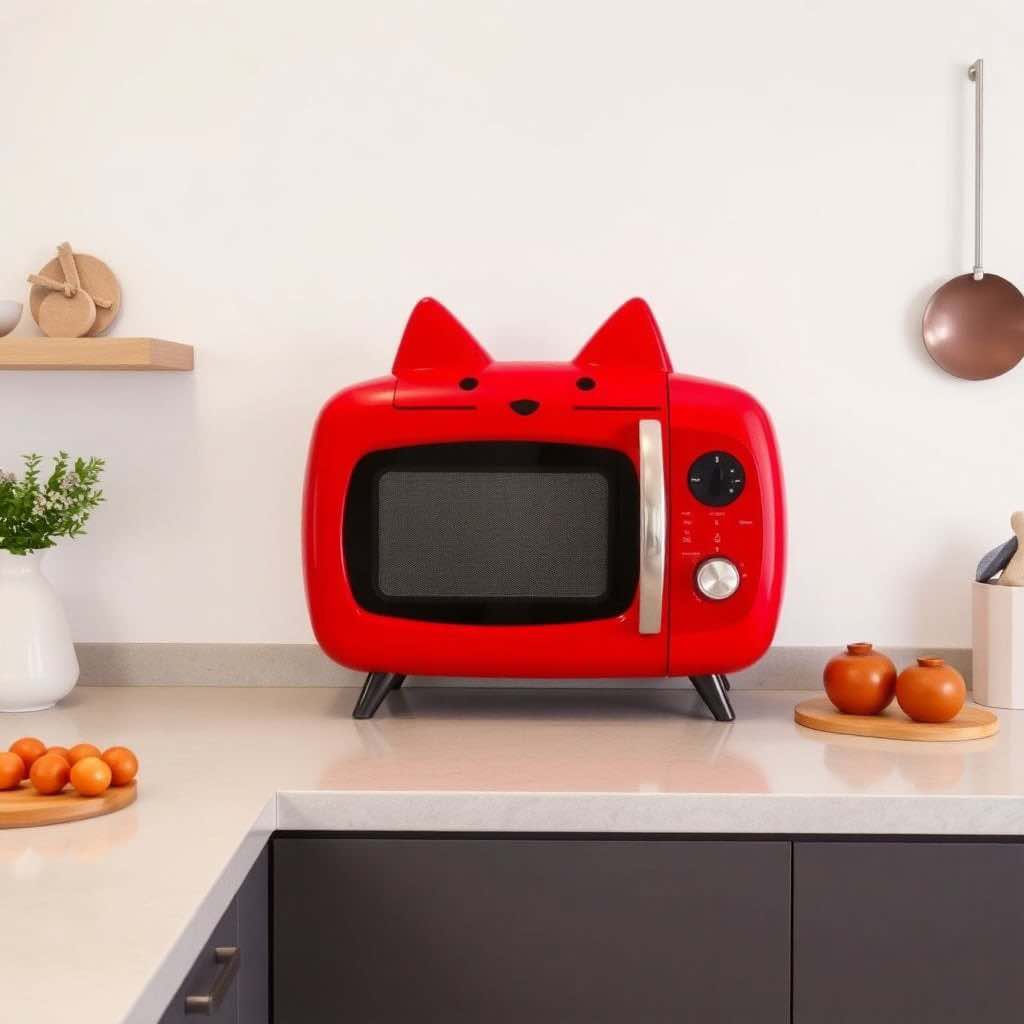 A vibrant red cat-themed microwave with a retro design, making a striking statement in a modern kitchen.