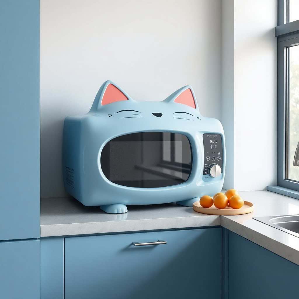 A pastel blue cat-themed microwave with cute ears and a digital control panel, placed on a light-coloured kitchen counter.