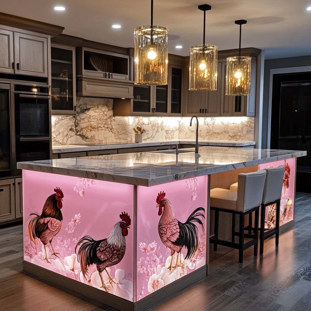 A uniquely designed kitchen island featuring pink floral rooster artwork with soft lighting for a charming effect.