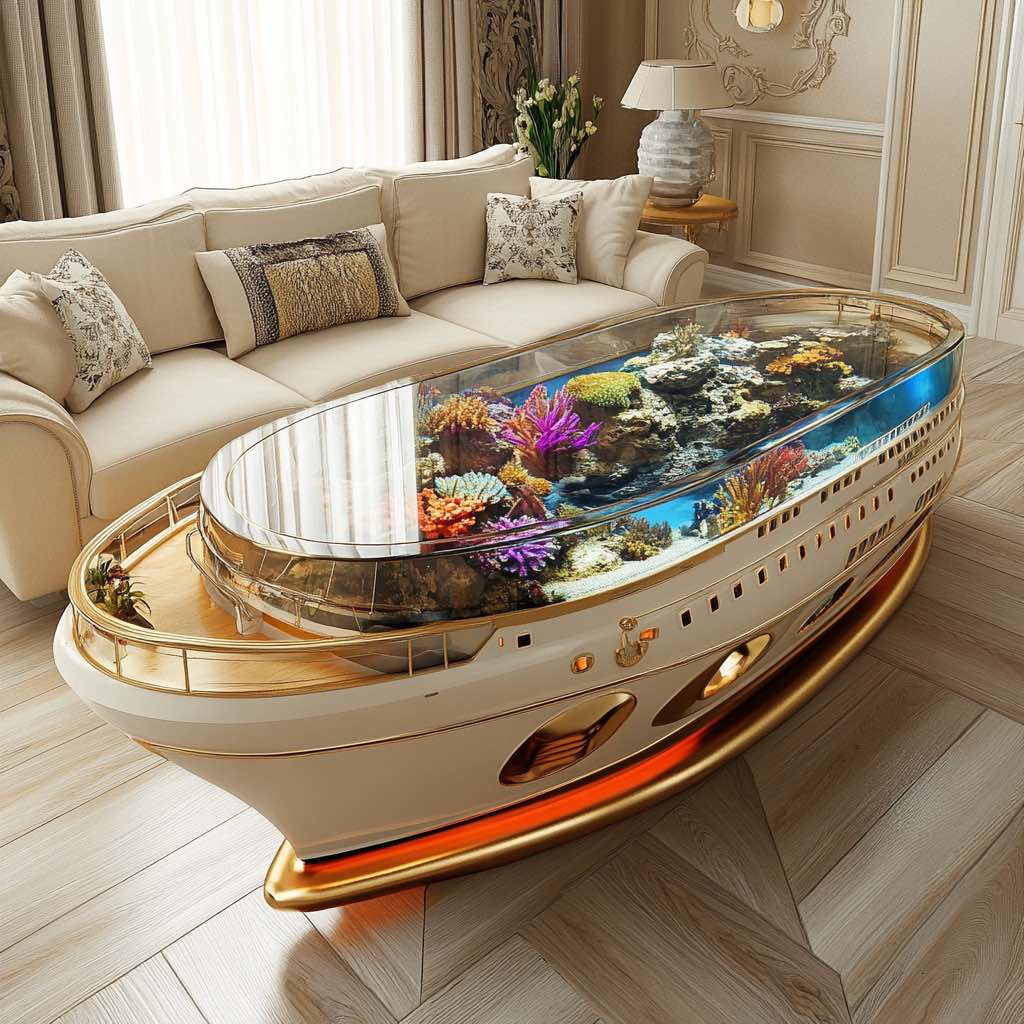 A luxurious cruise ship-inspired aquarium coffee table with gold and white finishes, complementing an elegant interior.