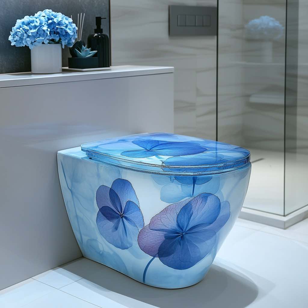 A stunning blue floral toilet featuring hydrangea patterns, set in a minimalist and serene bathroom.