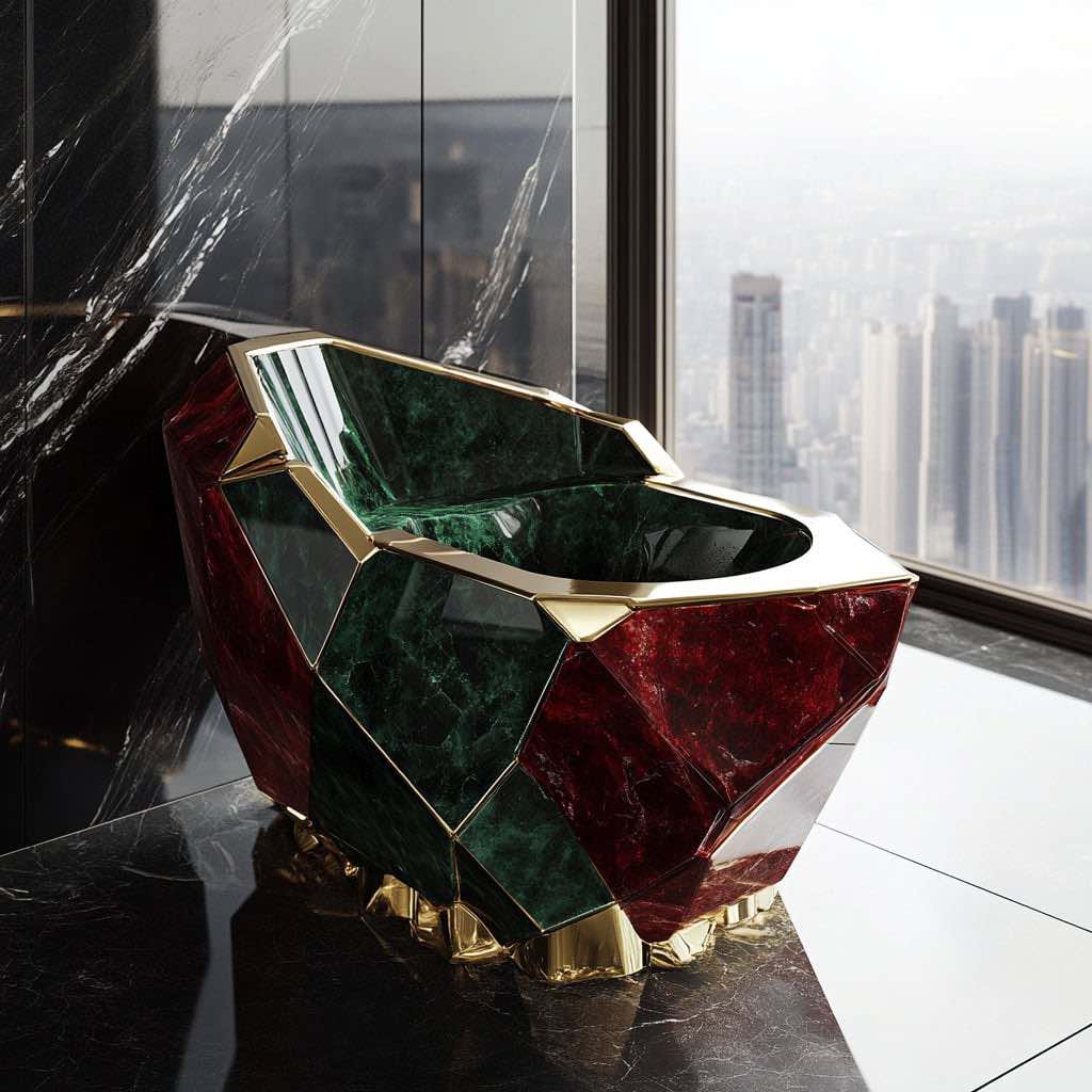 An opulent toilet crafted with emerald and ruby-inspired gemstone panels accented with gold detailing.