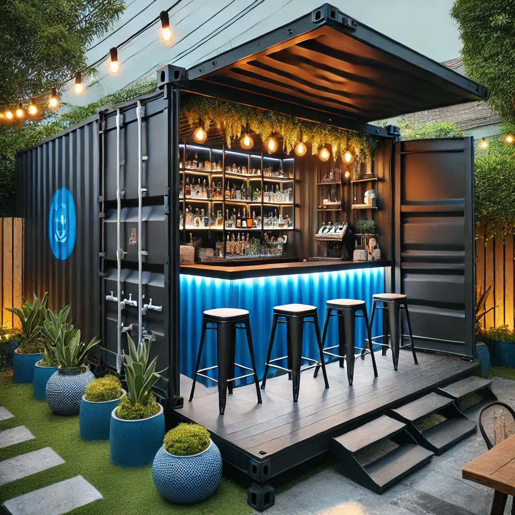 A cosy blue shipping container bar with fold-out design, warm lighting, and bar stools.
