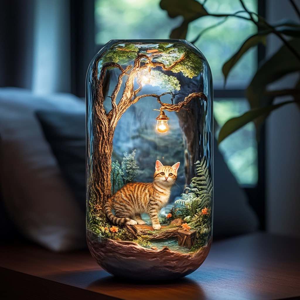 An enchanted glass vase featuring a lone tree with a warm hanging lantern illuminating a tabby cat in a mystical forest.