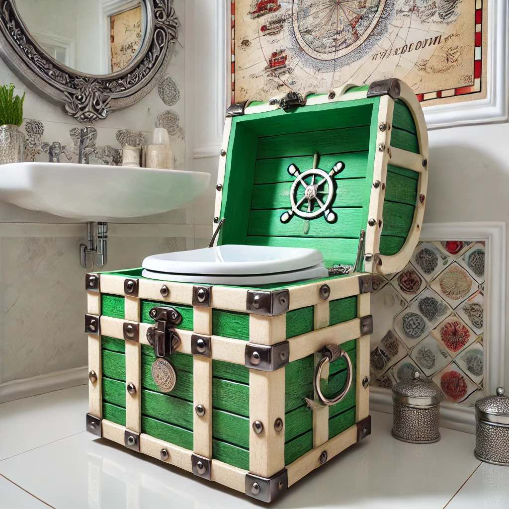A striking green and ivory pirate-themed toilet featuring a captain’s wheel design inside the lid.