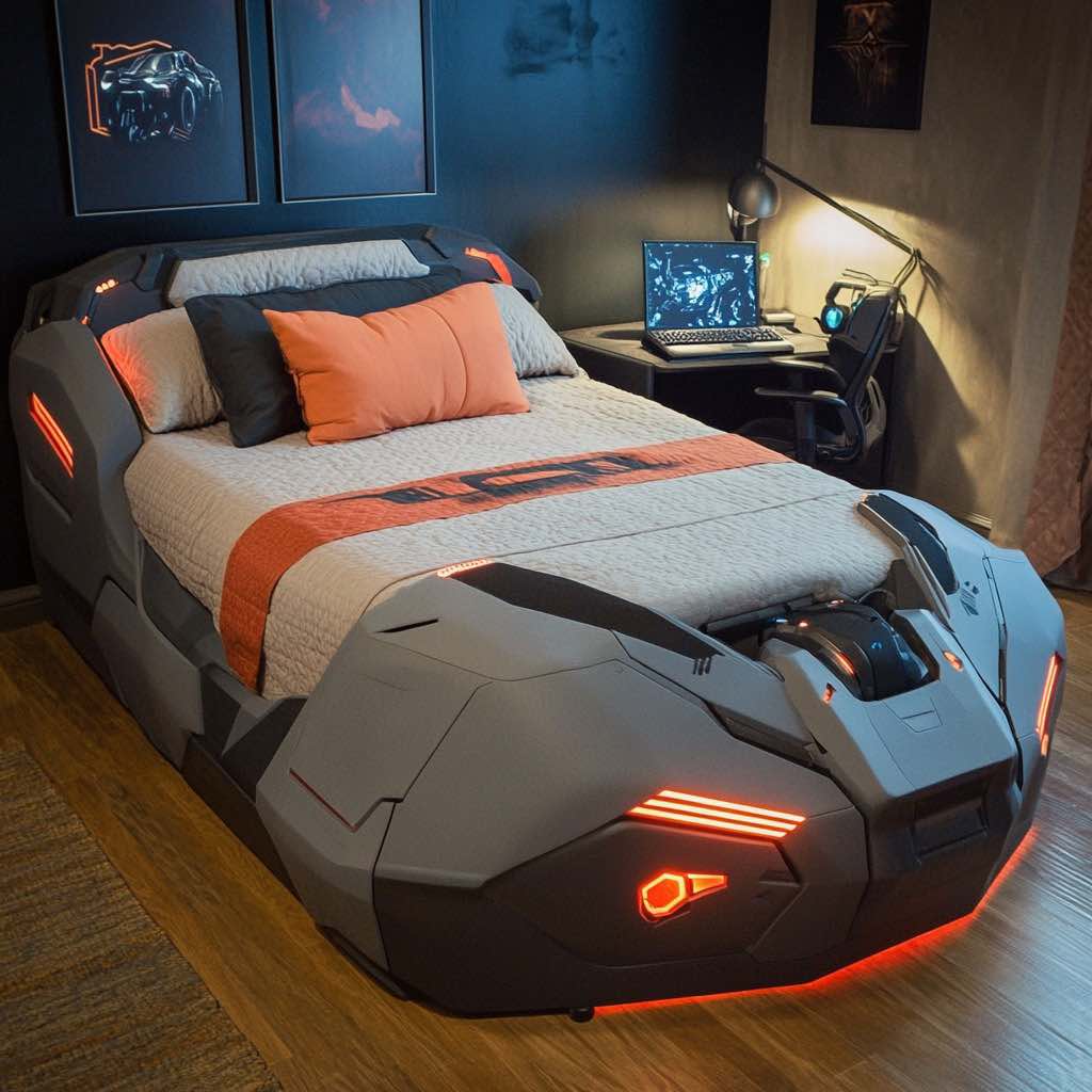 A robust bed with a metallic grey finish, red LED accents, and futuristic structure.