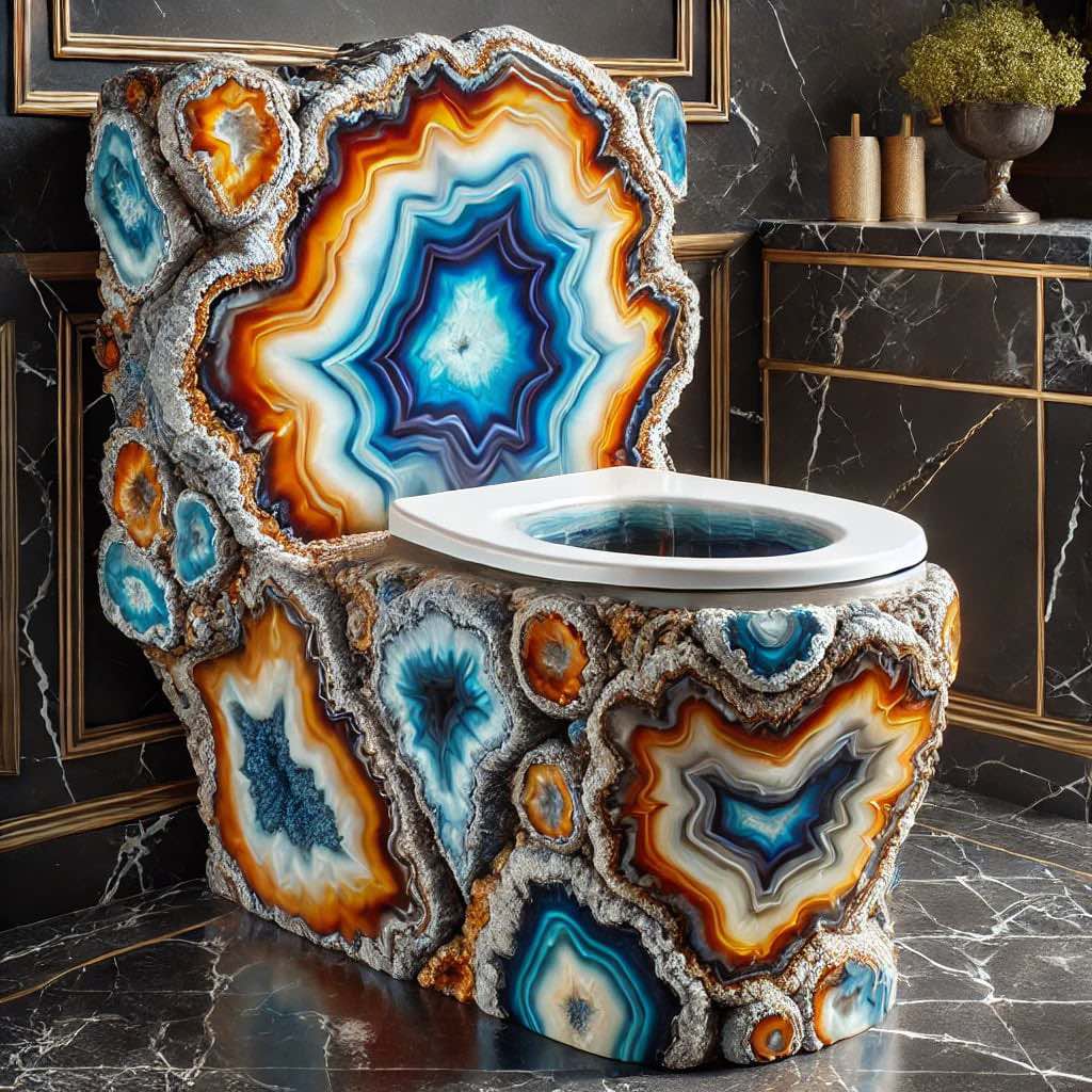 A stunning toilet designed with agate-inspired geode patterns in vibrant blue, orange, and white hues.