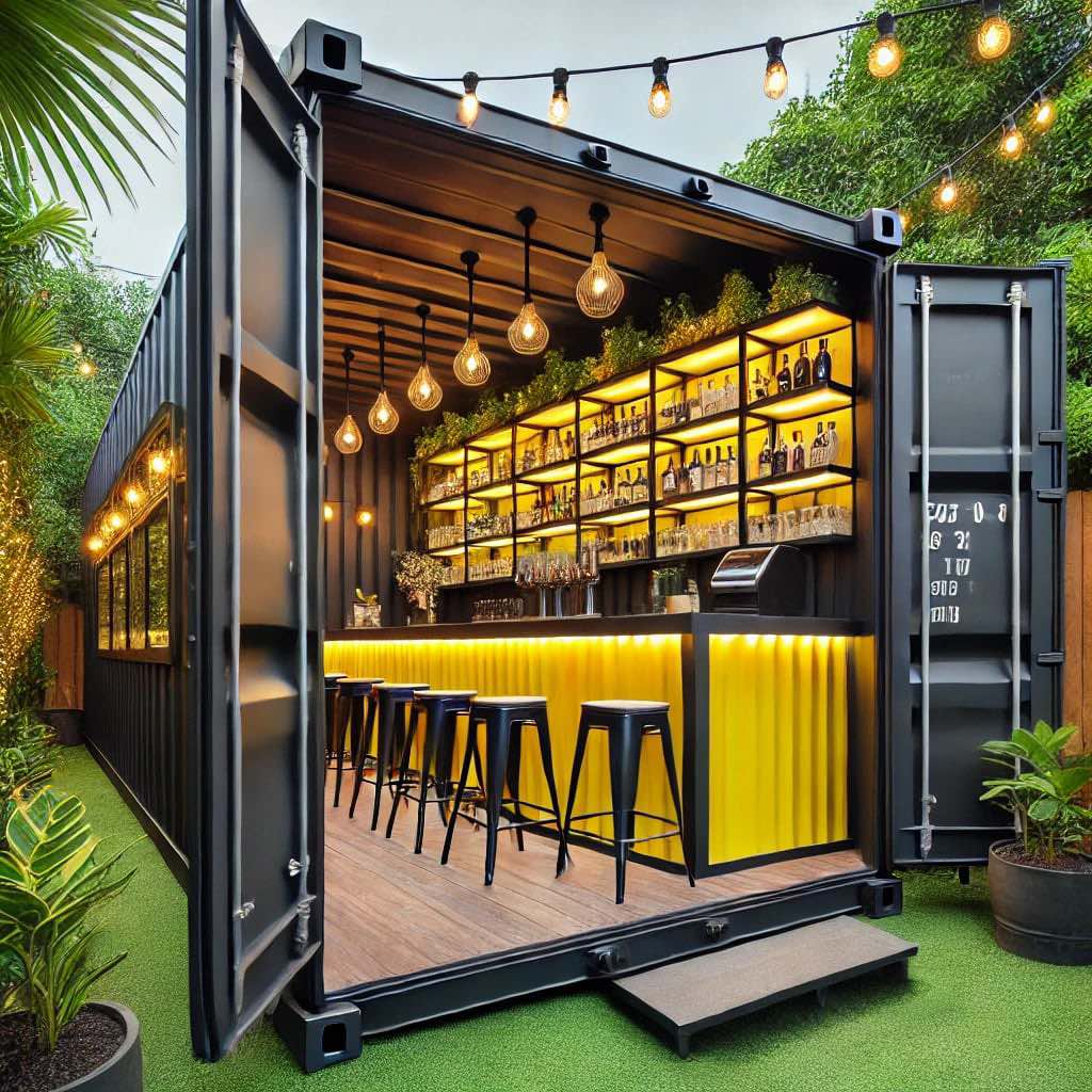 A bright yellow shipping container bar with hanging bulbs and open shelving for a lively outdoor atmosphere.