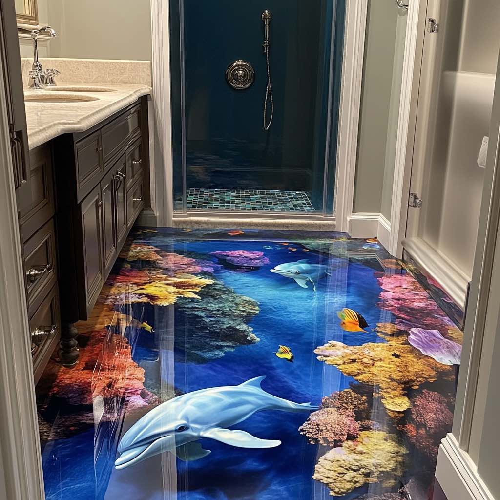 A mesmerising 3D epoxy floor featuring dolphins, coral reefs, and marine life in a modern bathroom