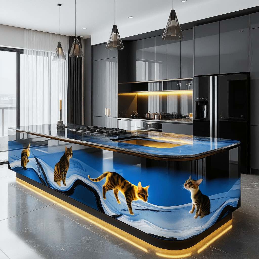 A stunning, glossy blue kitchen island with a fluid wave design, featuring elegant cats walking along the surface.