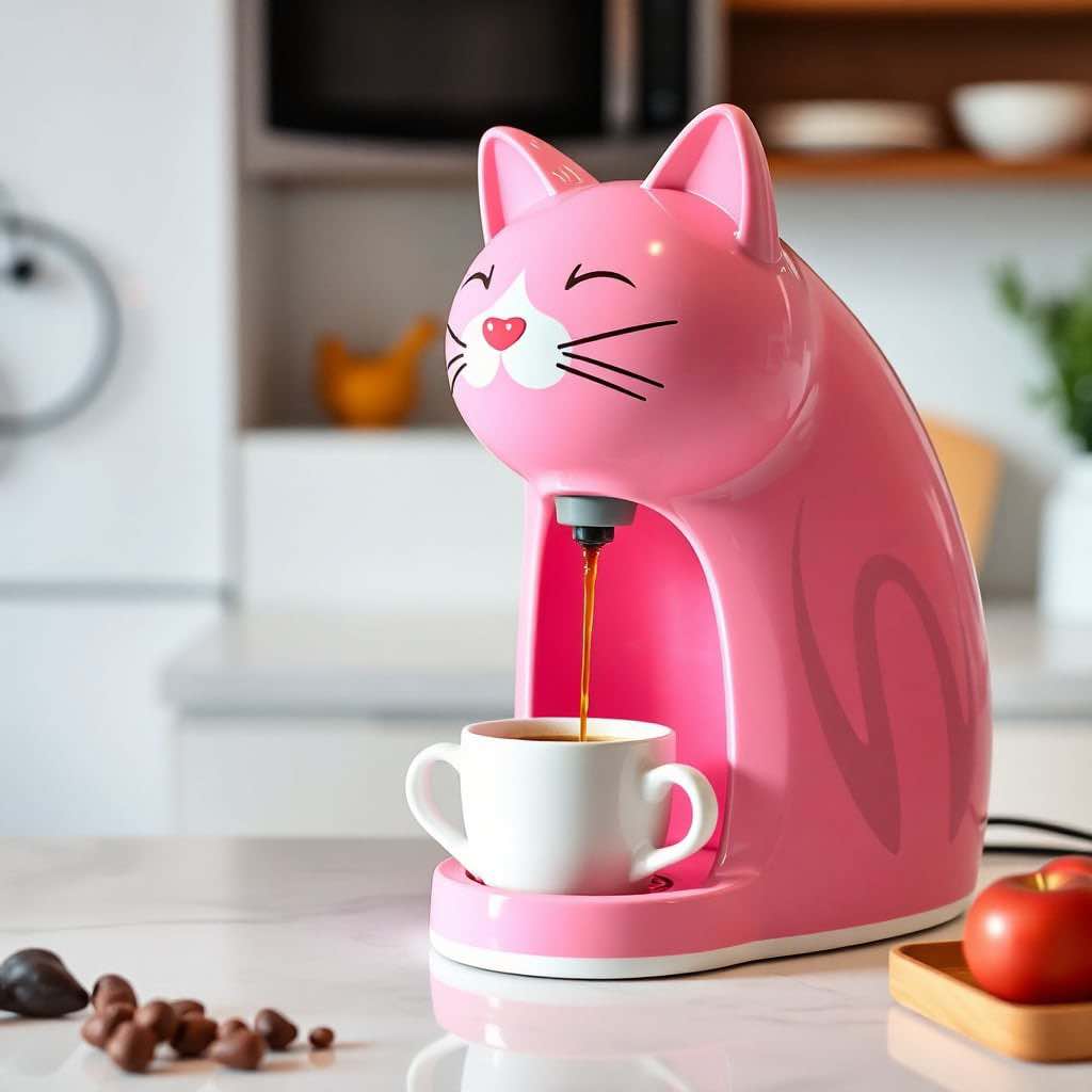 A pastel pink cat coffee machine with a smiling face dispensing coffee into a cup.