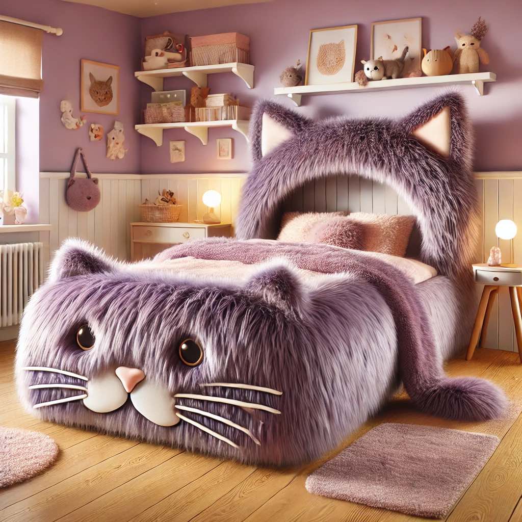 A beautiful lilac cat bed featuring a unique cat-ear headboard and plush finish.