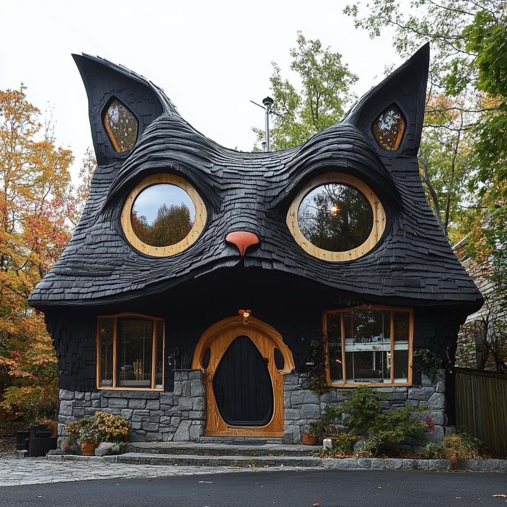 A dark, whimsical cat-shaped house with glowing round windows and a mysterious aesthetic.