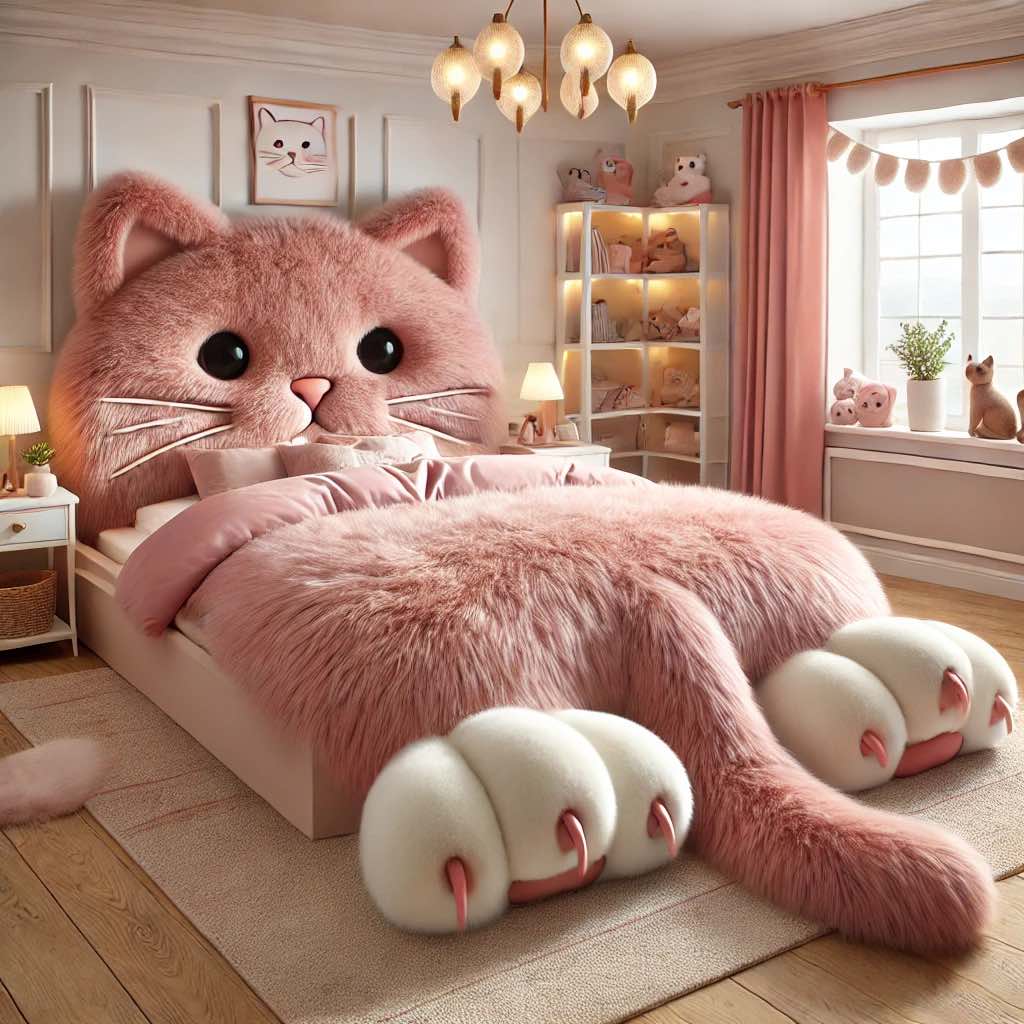 A soft pastel pink cat-themed bed with a plush cat face headboard and cosy textures