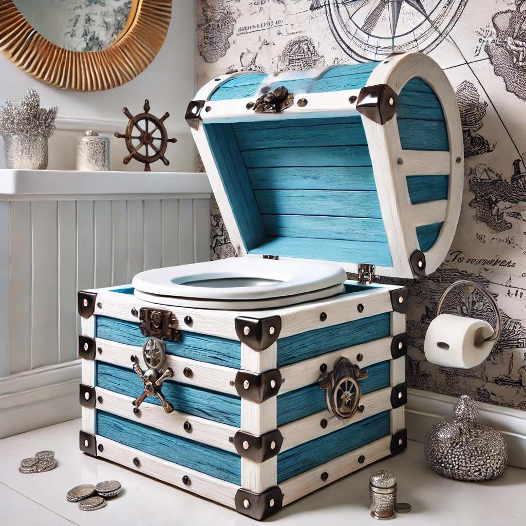 A coastal-inspired blue and white treasure chest toilet with rustic metal fittings and maritime details.
