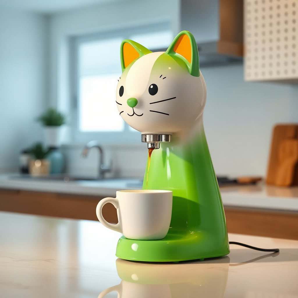 A bright green cat-inspired coffee machine brewing coffee on a stylish kitchen countertop.