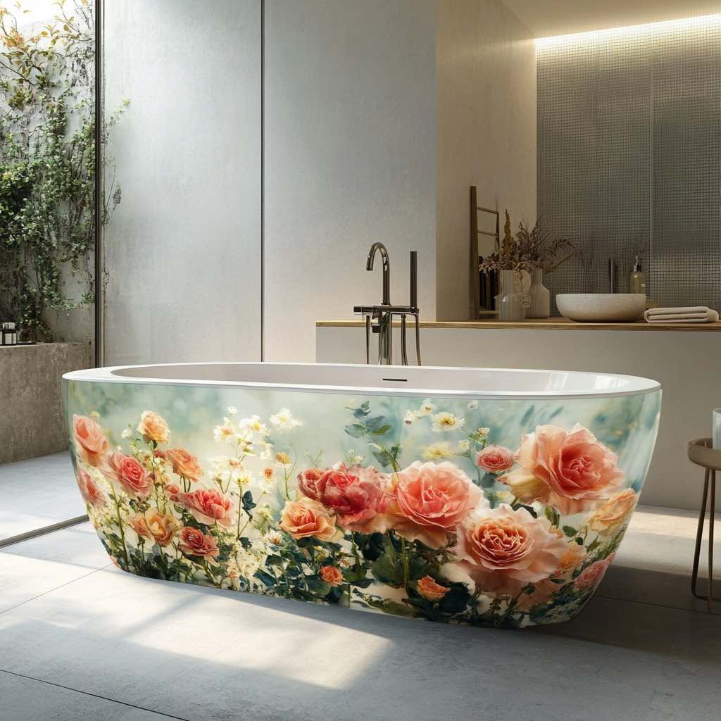Freestanding bathtub with a painted rose garden design, adding elegance to a luxury bathroom.