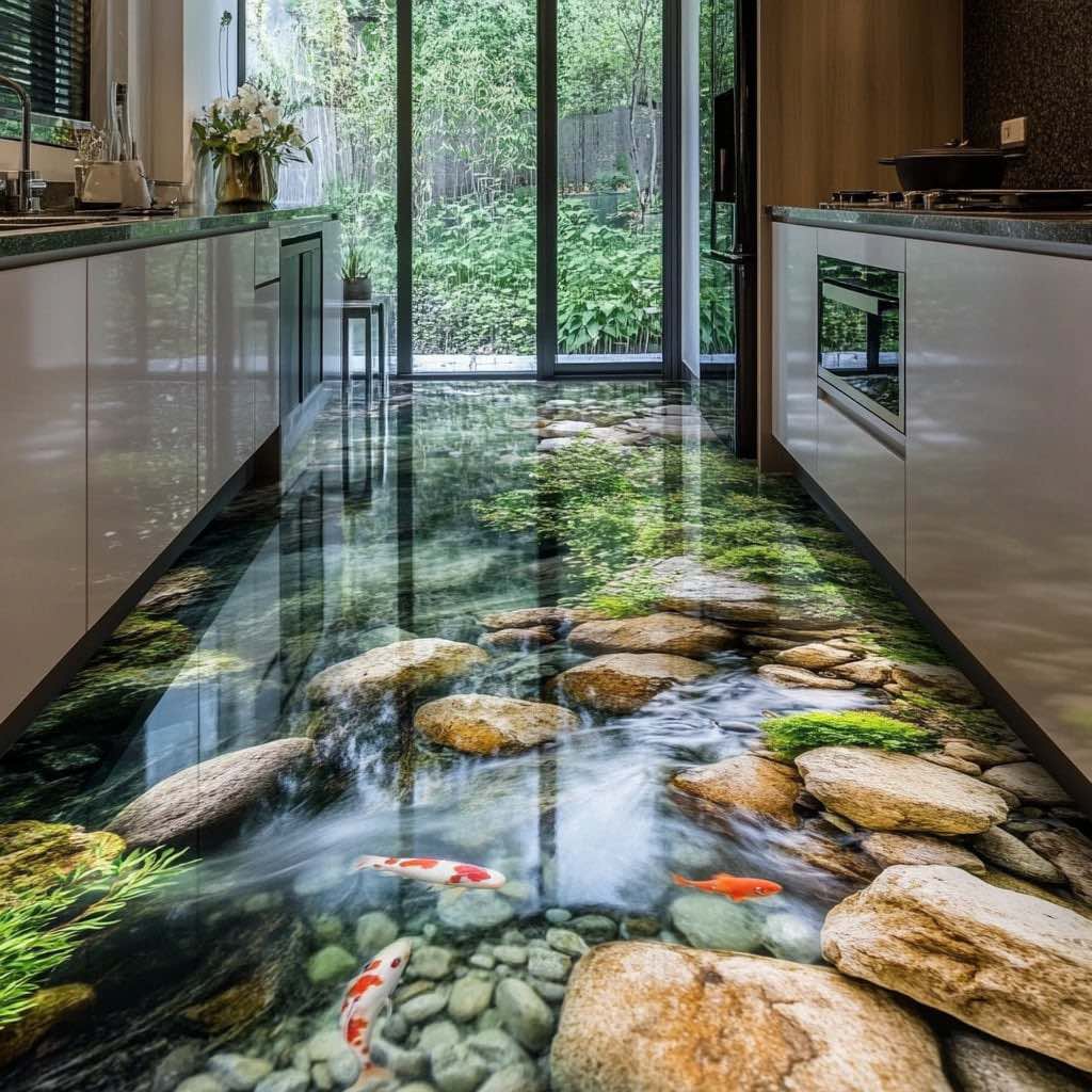 A serene kitchen with a 3D epoxy floor featuring a crystal-clear riverbed, koi fish, and smooth pebbles.