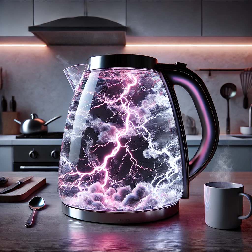A pink and white storm kettle with intense lightning visuals, blending function and style in a sleek kitchen.