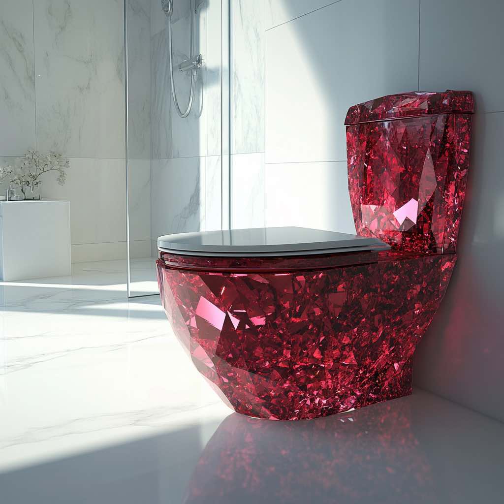 A deep red crystal toilet with a faceted crystal design, adding a royal charm to a luxury bathroom.