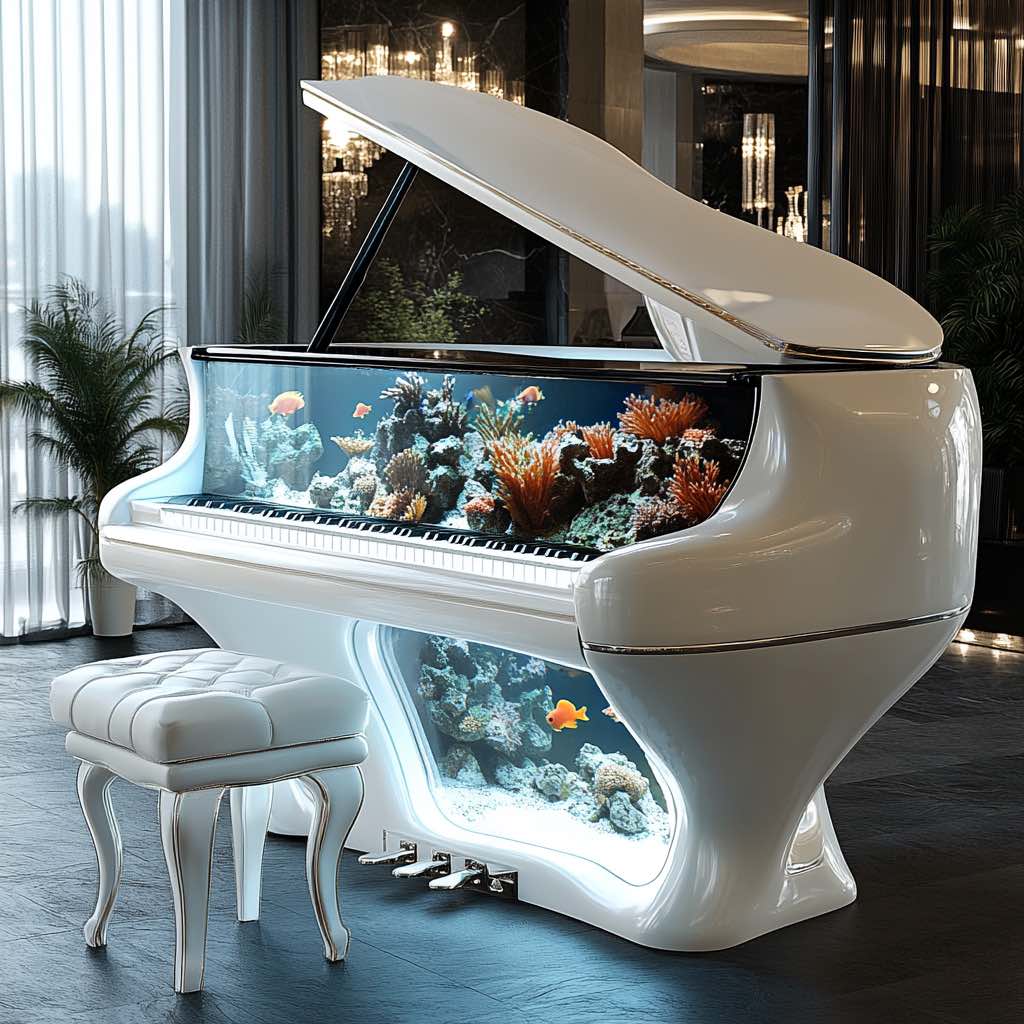 A pristine white grand piano with an integrated fish tank, exuding elegance and tranquillity