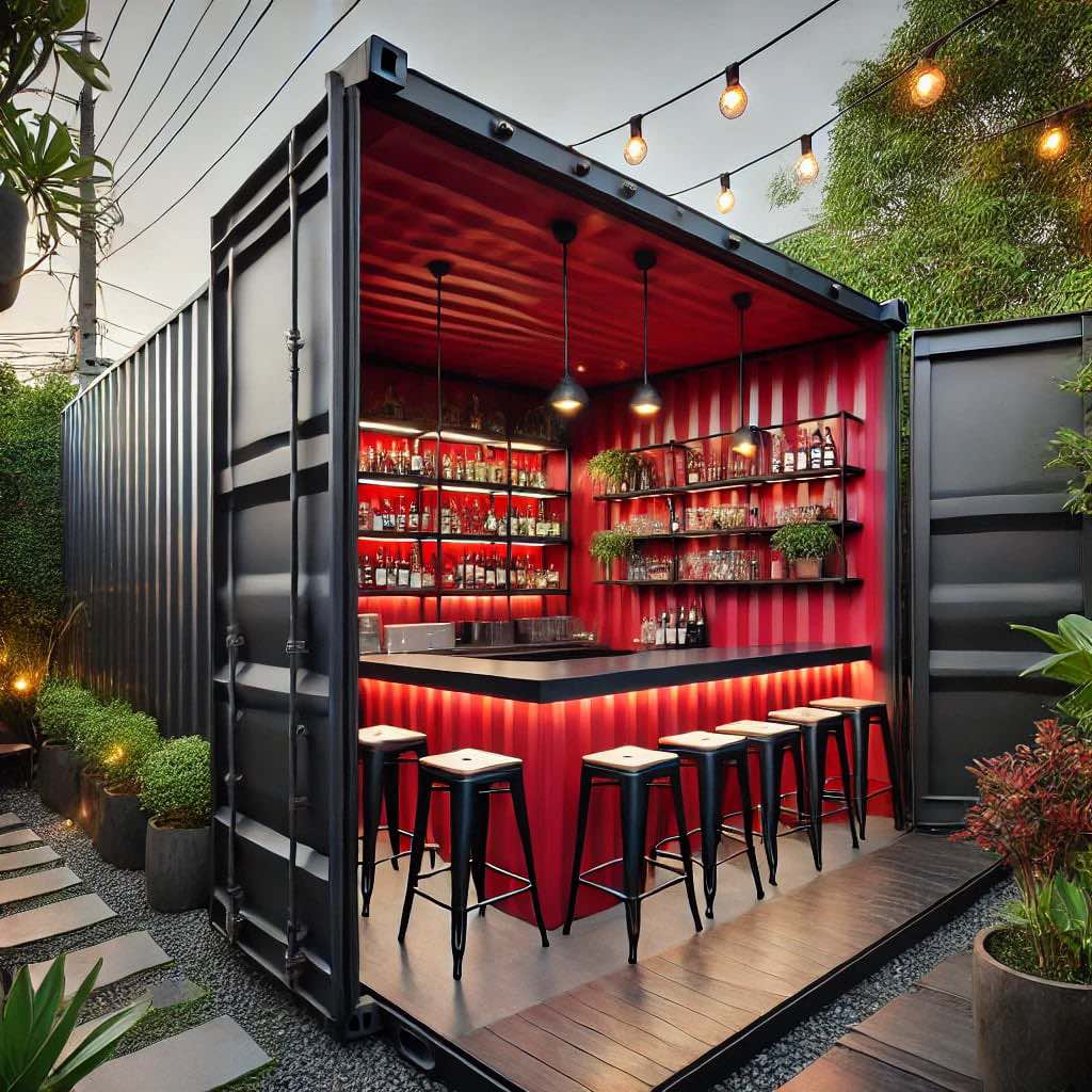 A bold red shipping container bar with illuminated shelves and stylish bar stools, perfect for a modern home.