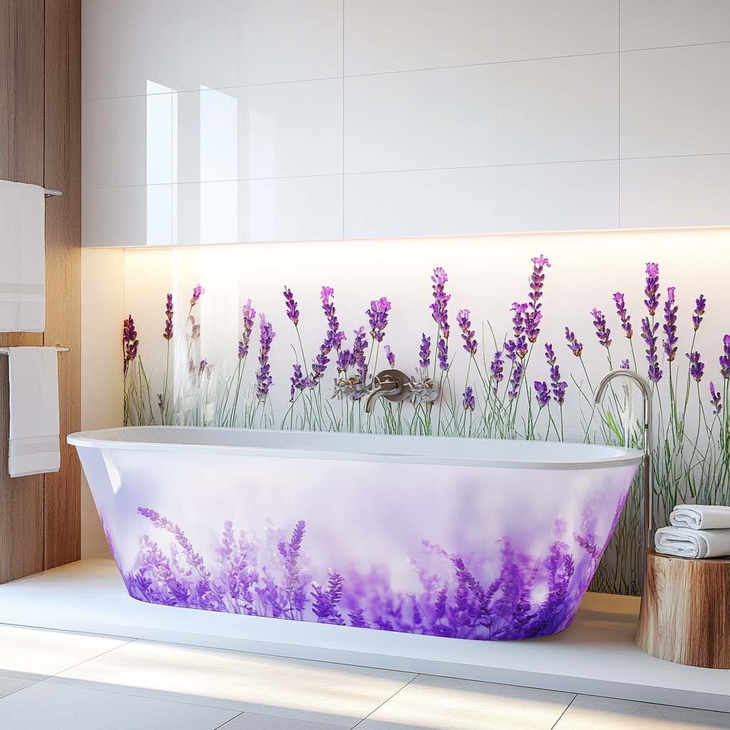 A luxurious bathtub with purple blossoms and lavender accents, enhancing a tranquil bathroom retreat.