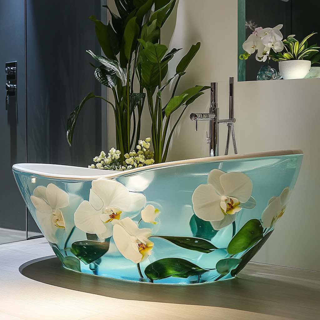 Luxurious glass bathtub with white orchids, paired with lush green plants for a tropical feel.