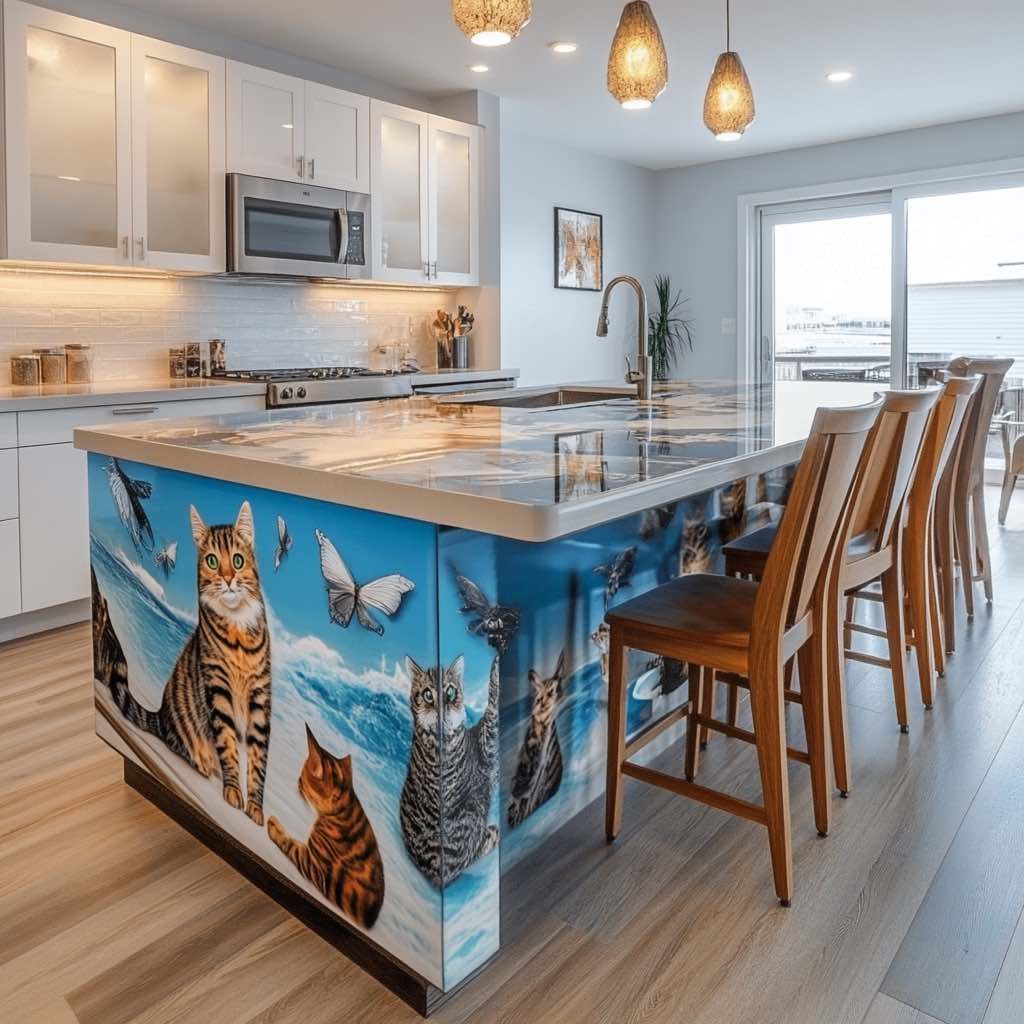 A vibrant blue kitchen island decorated with cats and butterflies, adding a whimsical touch to a bright and airy kitchen.