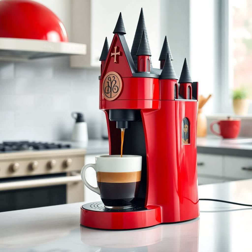 A deep red castle-themed coffee machine with a steaming cup of coffee in a bright kitchen.