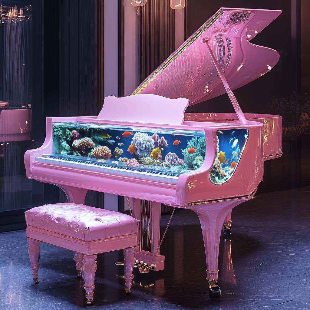 A pastel pink grand piano with a built-in aquarium, adding charm and sophistication to any interior.