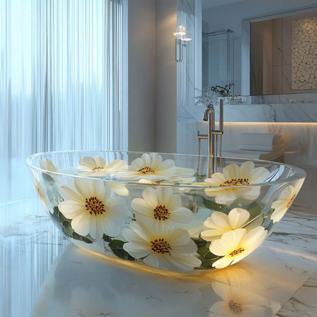Elegant transparent bathtub with floating white daisies, set in a modern, minimalist bathroom.