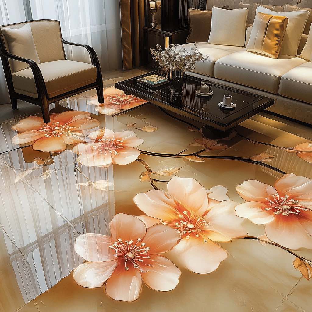 A luxurious living room with a 3D epoxy floor featuring oversized peach blossoms and intricate floral details.