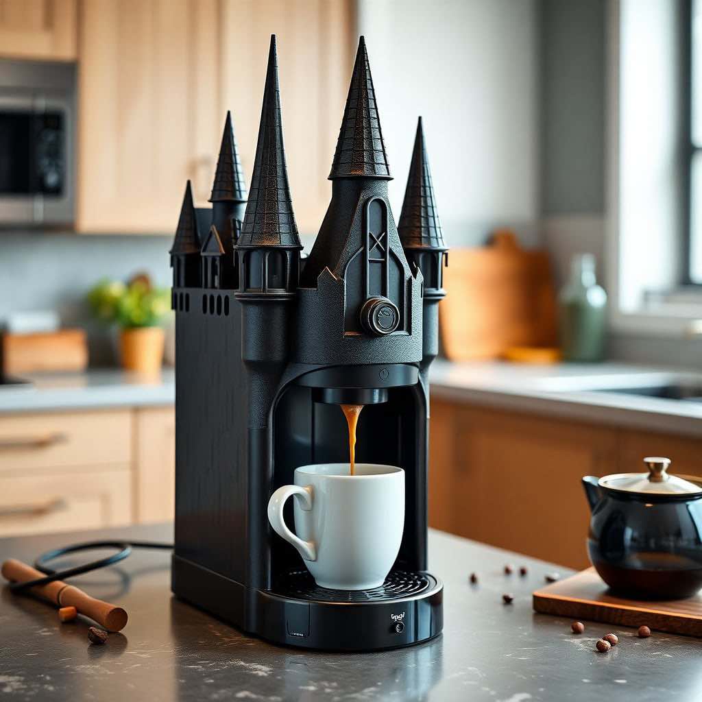 A sleek black castle-style coffee machine dispensing fresh espresso in a kitchen setting.