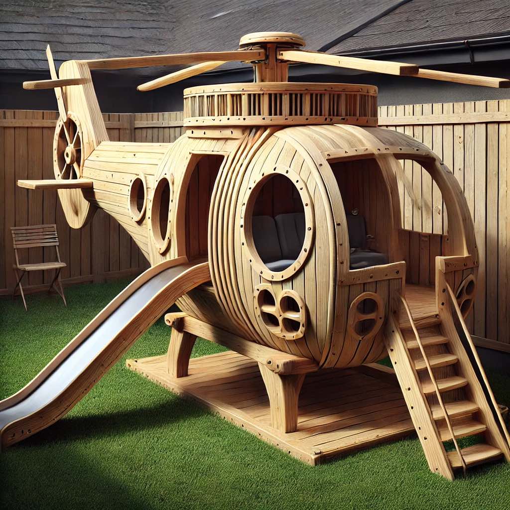 A unique helicopter-themed wooden playground with a slide, cockpit seating, and a realistic rotor, perfect for young pilots.