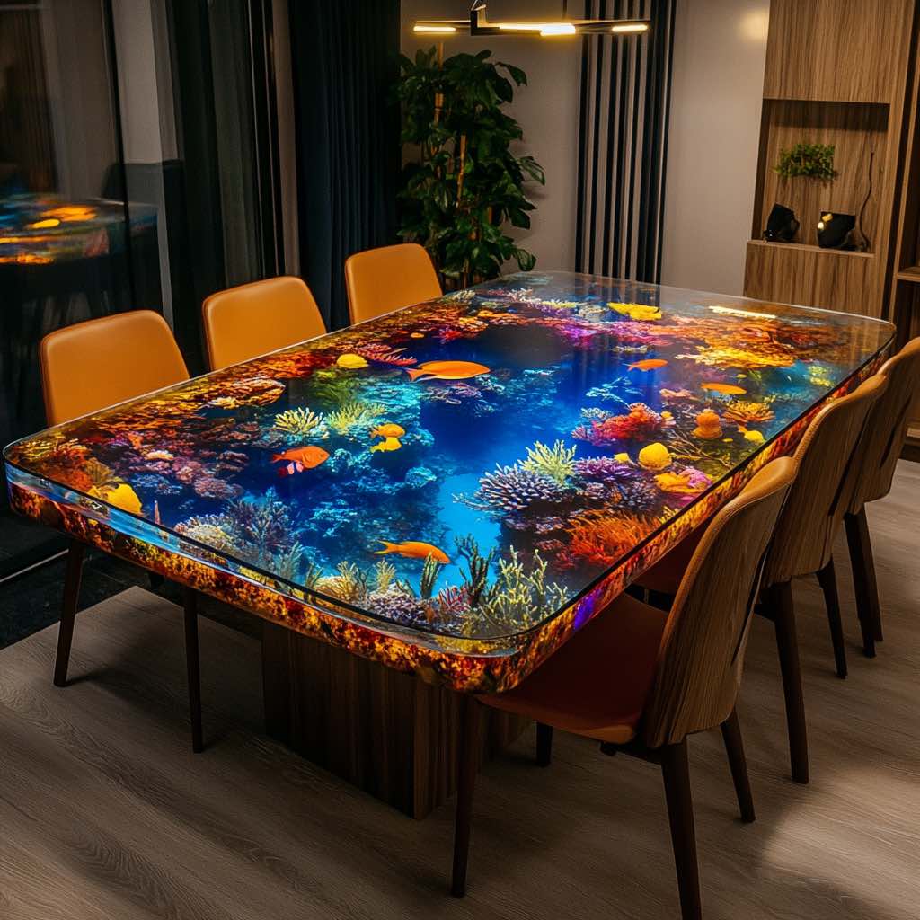 A breathtaking epoxy resin dining table showcasing a vibrant underwater scene with corals and tropical fish