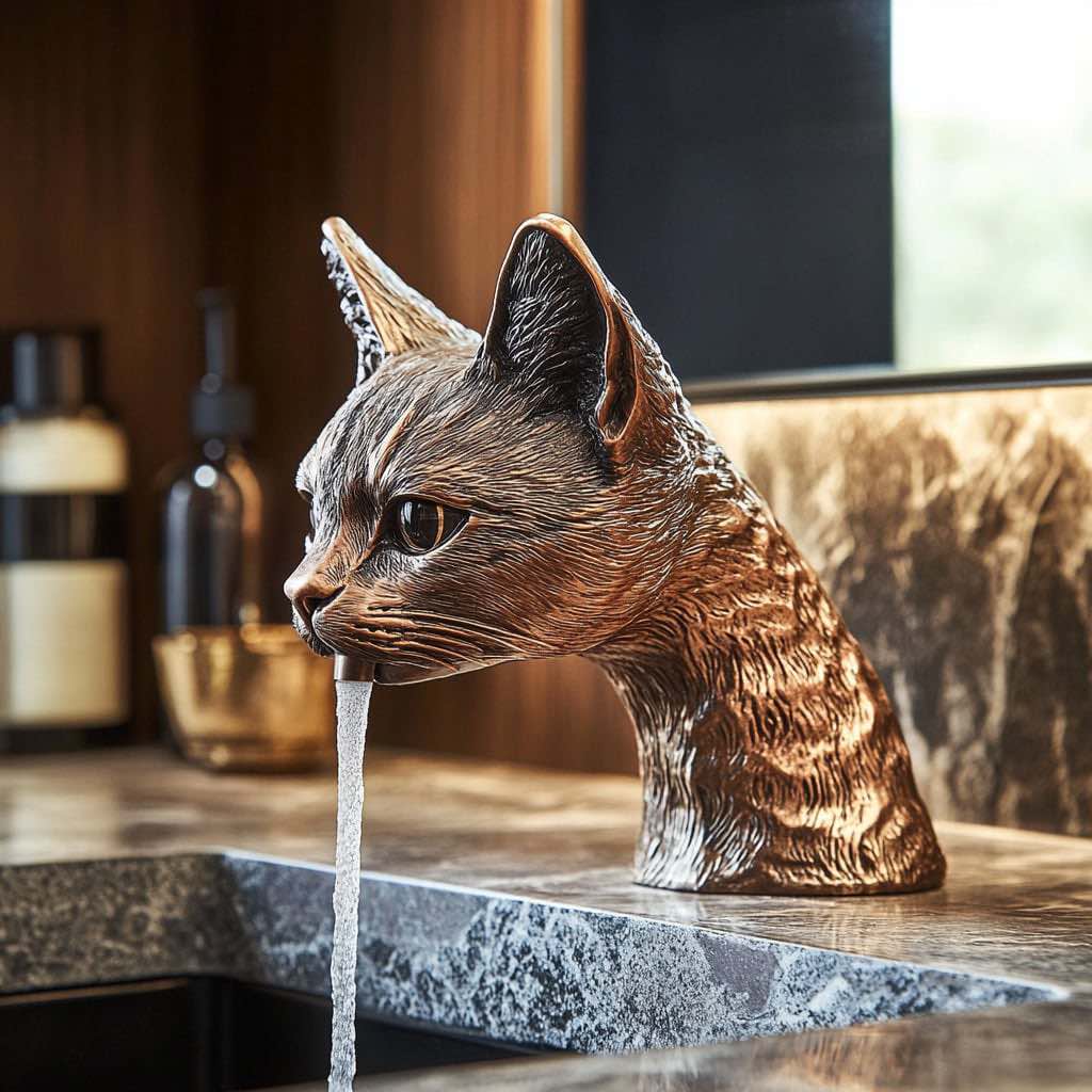 A stunning bronze cat-shaped tap with water flowing, set against a dark stone bathroom sink.