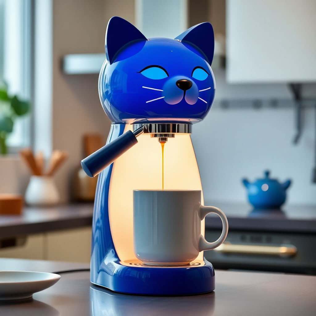 A vibrant blue cat-themed coffee machine with illuminated eyes pouring coffee into a mug.
